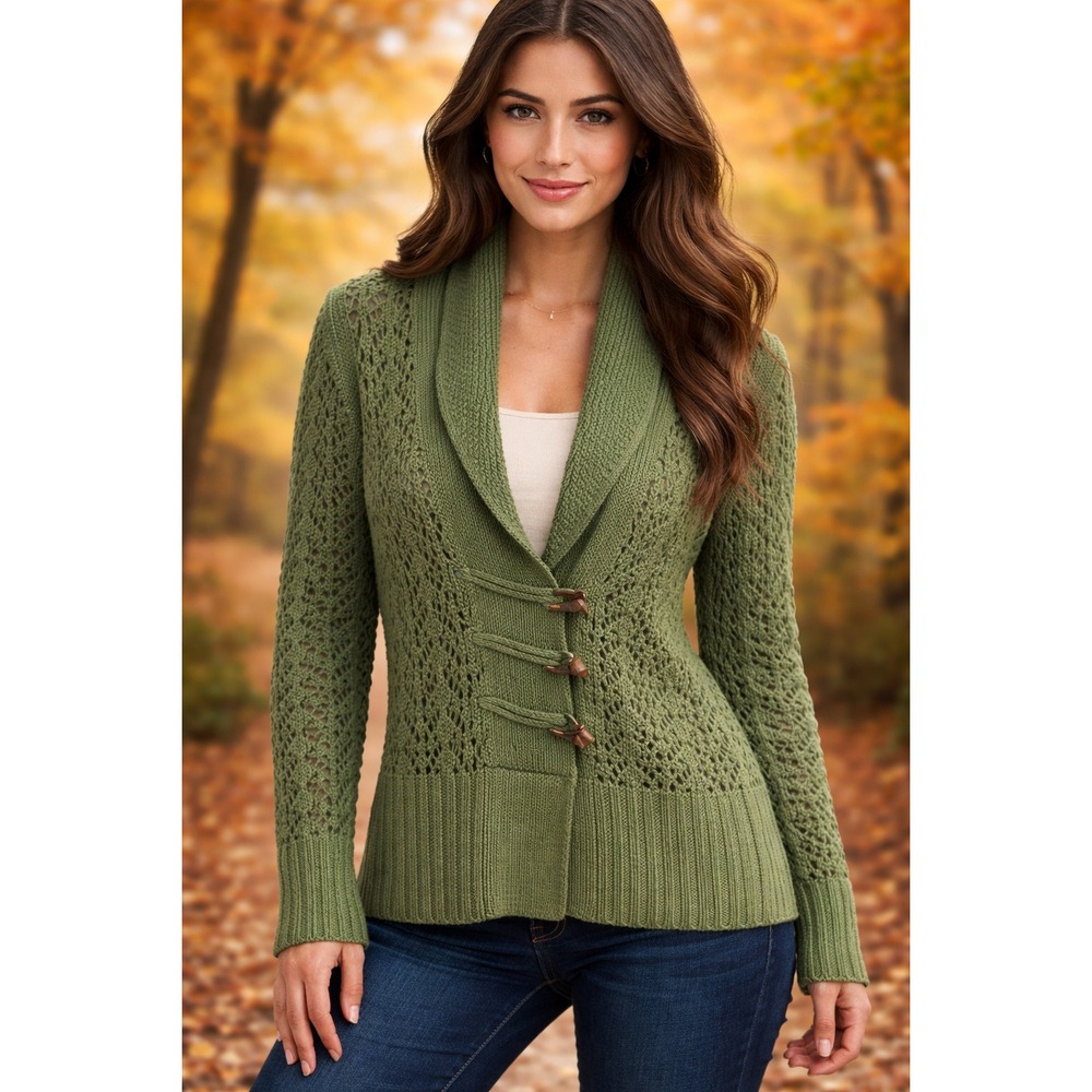 Vtg Womens Sweater Cardigan L Green Bratz Toggle Buttons Angora Lambs Wool Blend